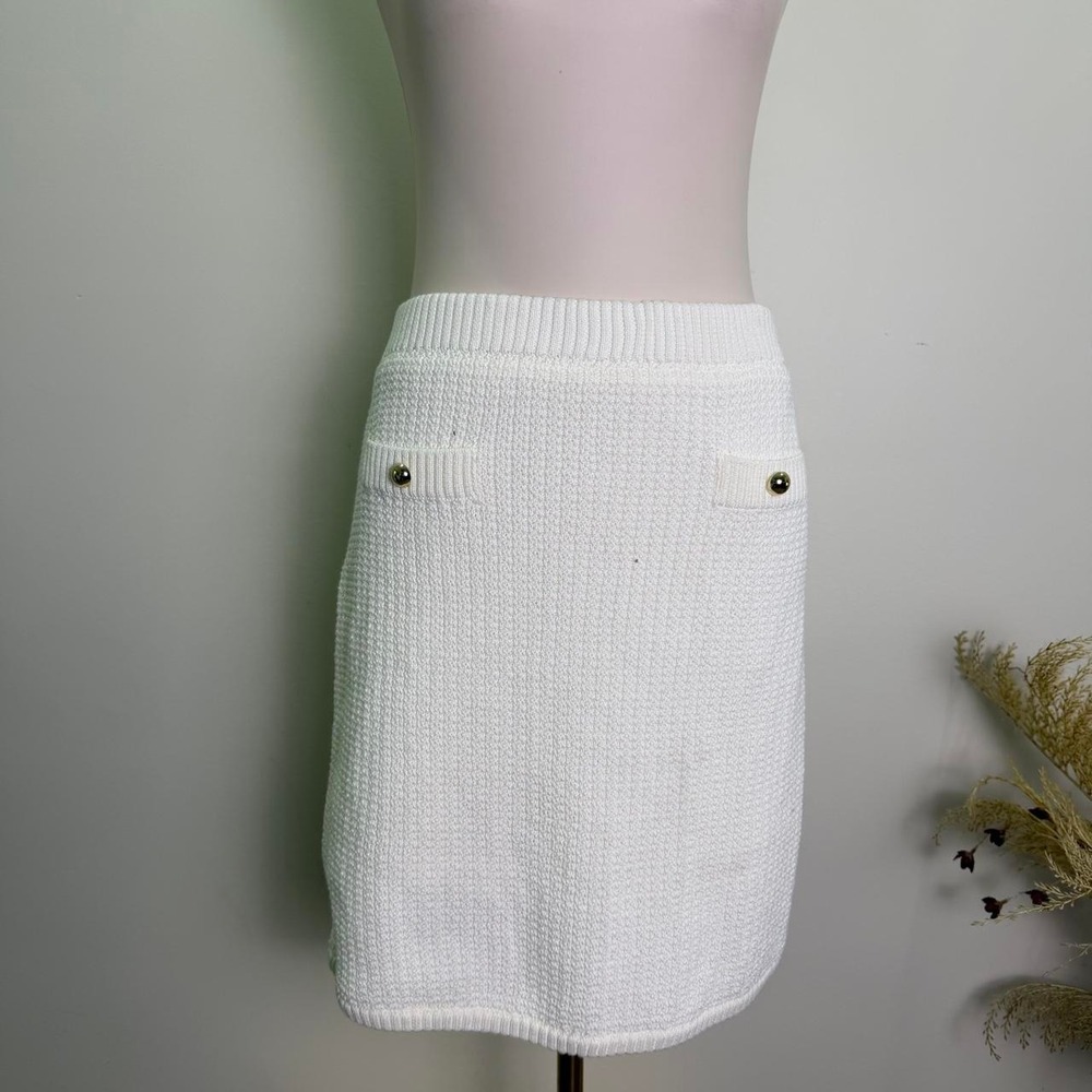 NWT French Connection Cream Knit Gold Button Mini Skirt Size L